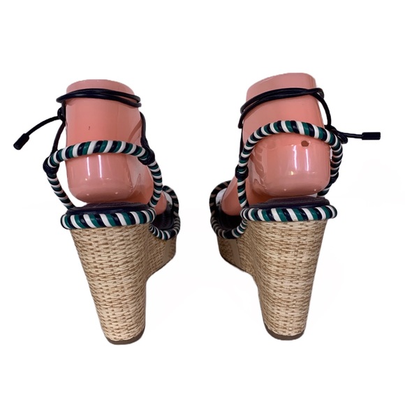 AREZZO BLUE, GREEN & WHITE TWISTED ROPE FAUX LEATHER WEDGE HEEL SANDALS (39) - Picture 4 of 10